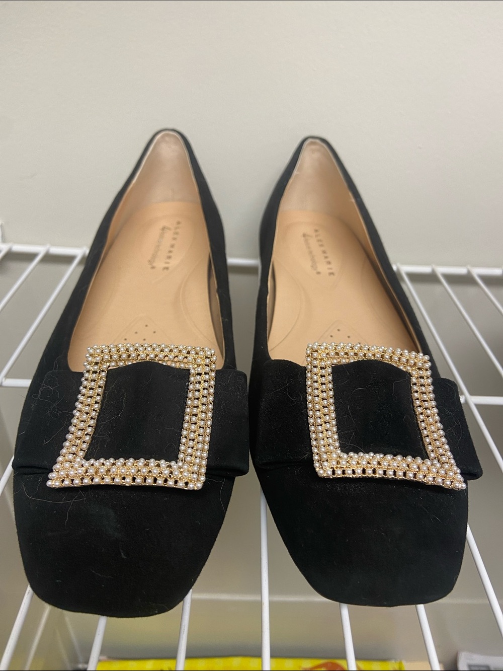 Alex Marie Black Suede Flats with Pearl-Trim Buckles